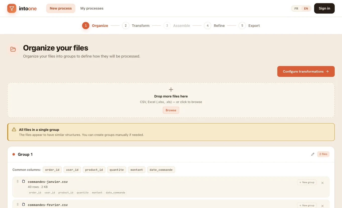 Intoone automatically groups the dropped CSV/Excel files by their shared columns.