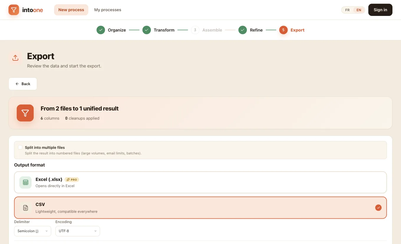Intoone turns several monthly files into a single clean result, ready to export.