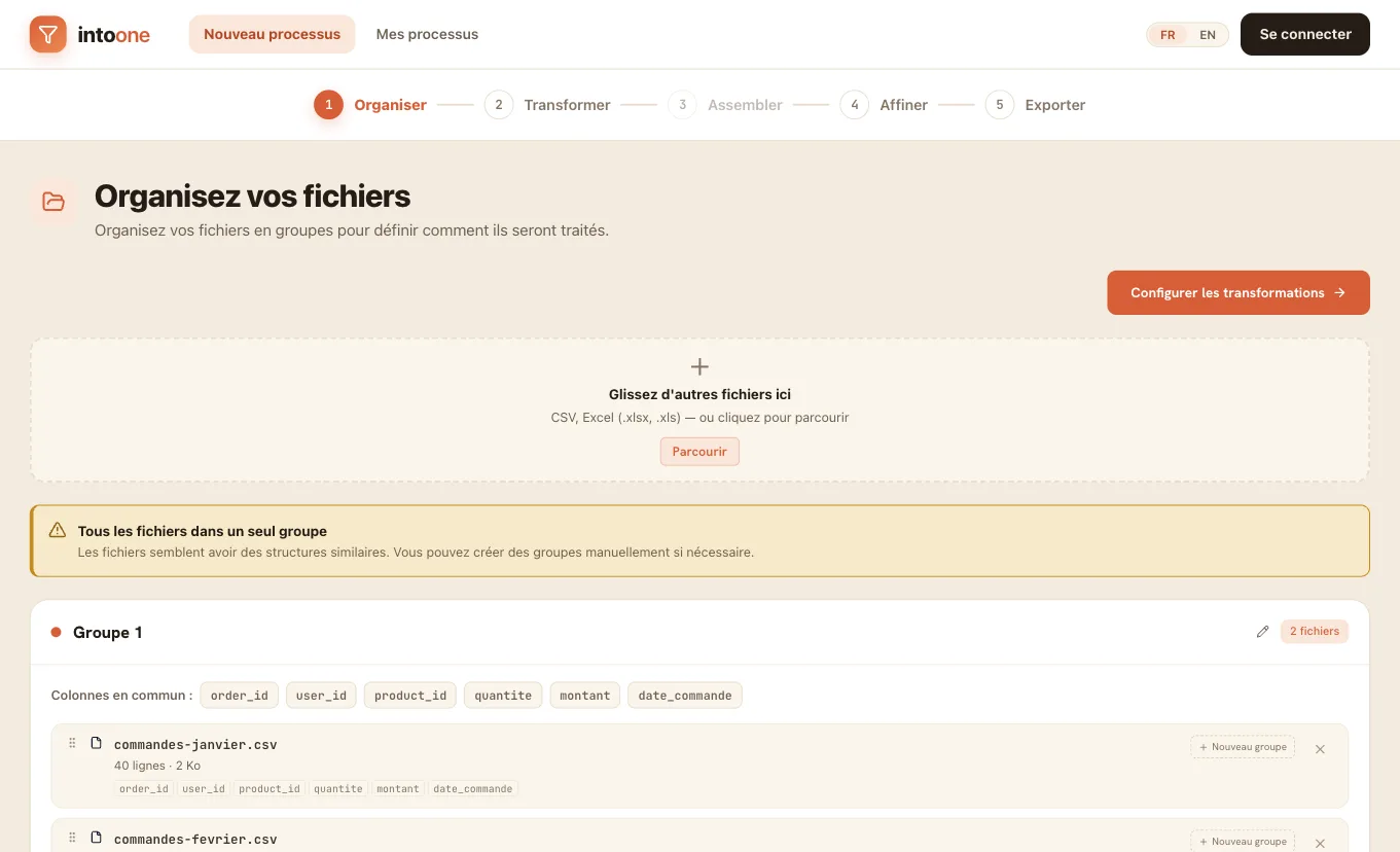 L’app Intoone regroupe automatiquement les fichiers CSV/Excel déposés selon leurs colonnes communes.