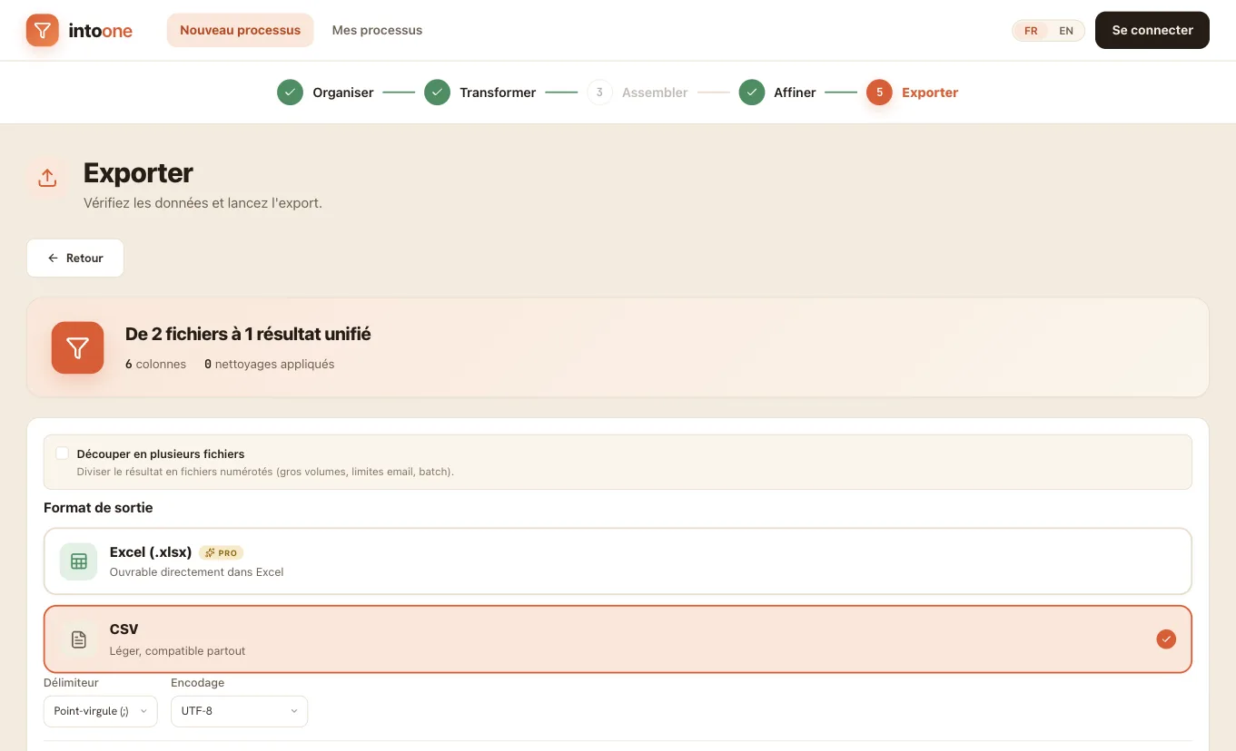 Intoone transforme plusieurs fichiers du mois en un seul résultat propre, prêt à exporter.